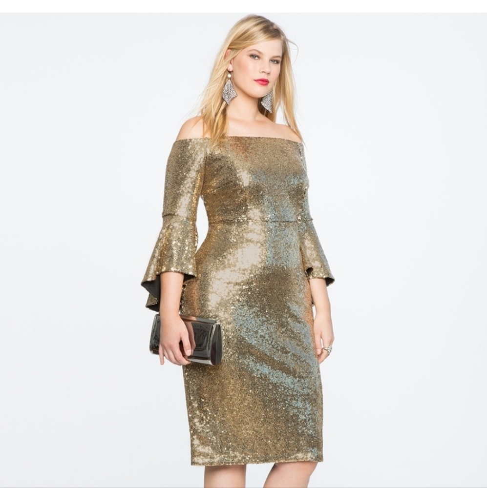 Gold Off the Shoulder Bodycon Dress with Bell Sleeves